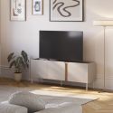 Meuble TV 3 portes 140cm en mélaminé beige et imitation bois avec découpe graphique bandeau - LIWENN