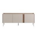 Meuble TV 3 portes 140cm en mélaminé beige et imitation bois avec découpe graphique bandeau - LIWENN