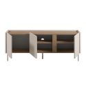 Meuble TV 3 portes 140cm en mélaminé beige et imitation bois avec découpe graphique bandeau - LIWENN