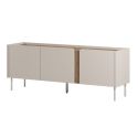 Meuble TV 3 portes 140cm en mélaminé beige et imitation bois avec découpe graphique bandeau - LIWENN