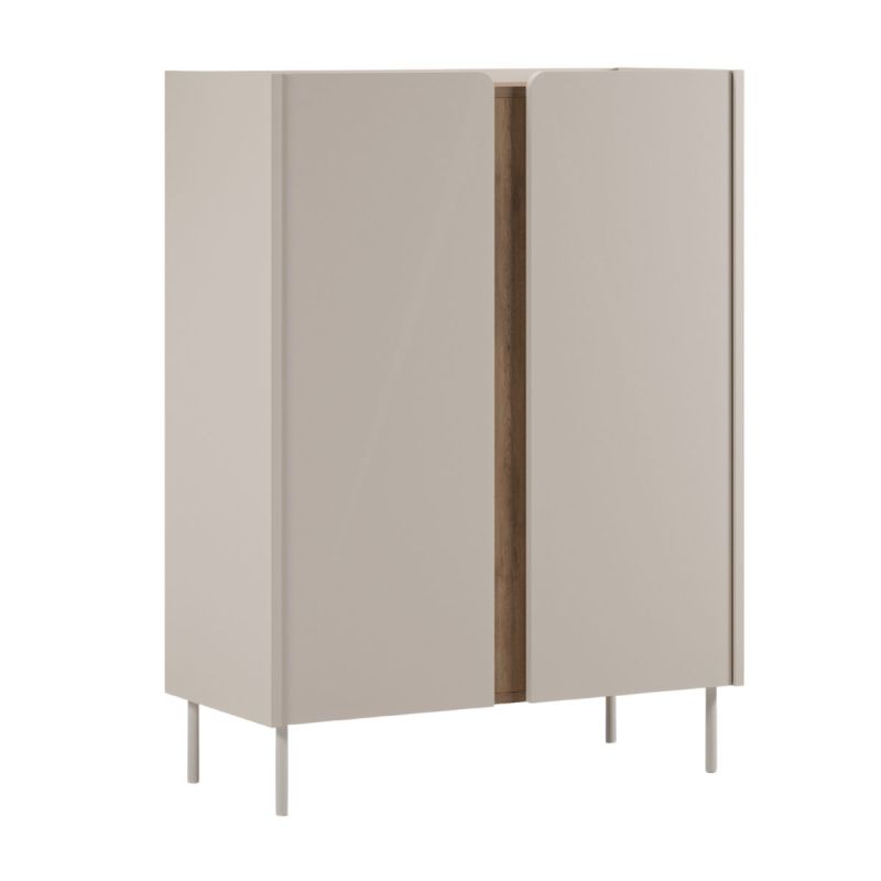 Meuble d'appoint 2 portes en mélaminé beige et imitation bois avec découpe graphique bandeau - LIWENN