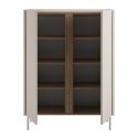 Meuble d'appoint 2 portes en mélaminé beige et imitation bois avec découpe graphique bandeau - LIWENN