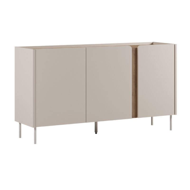 Buffet 3 portes 150cm en mélaminé beige et imitation bois avec découpe graphique bandeau - LIWENN