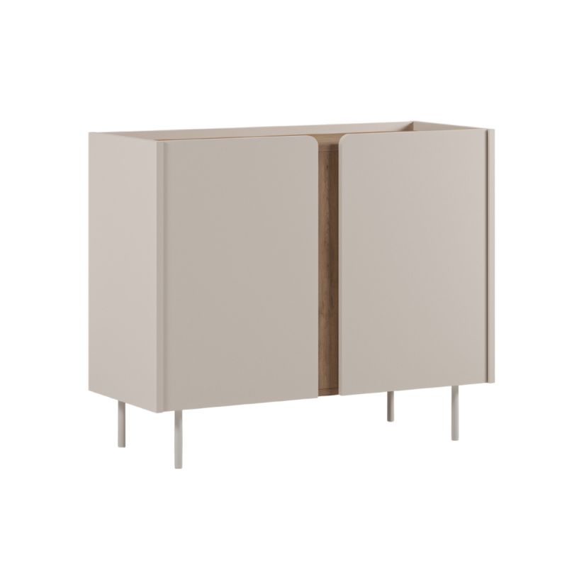 Meuble de rangement 2 portes en mélaminé beige et imitation bois avec découpe graphique bandeau - LIWENN