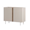Meuble de rangement 2 portes en mélaminé beige et imitation bois avec découpe graphique bandeau - LIWENN