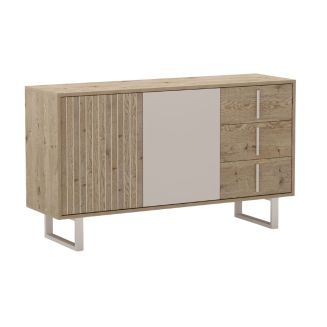 Buffet 2 portes 3 tiroirs en mélaminé imitation bois et beige piètement et poignées métal - MYRINE