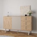 Buffet 2 portes 3 tiroirs en mélaminé imitation bois et beige piètement et poignées métal - MYRINE