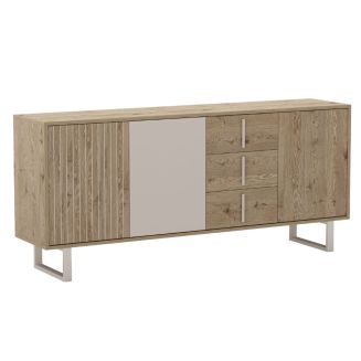 Buffet 3 portes 3 tiroirs en mélaminé imitation bois et beige piètement et poignées métal - MYRINE