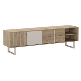 Meuble TV 2P 2T et 2 niches en mélaminé imitation bois et beige piètement et poignées métal - MYRINE