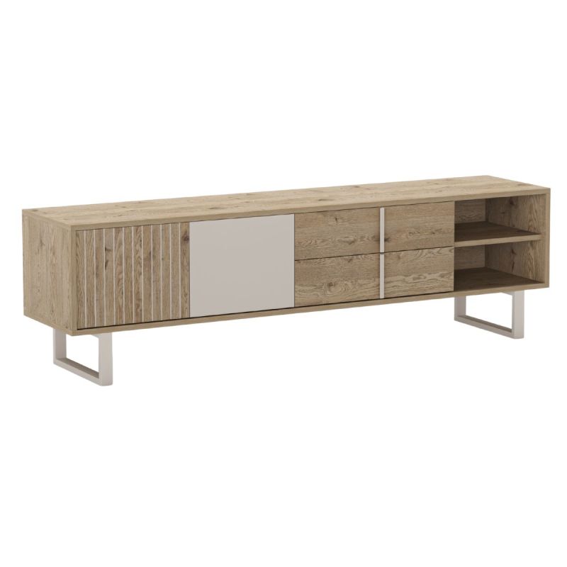 Meuble TV 2P 2T et 2 niches en mélaminé imitation bois et beige piètement et poignées métal - MYRINE