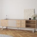 Meuble TV 2P 2T et 2 niches en mélaminé imitation bois et beige piètement et poignées métal - MYRINE