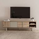 Meuble TV 2P 2T et 2 niches en mélaminé imitation bois et beige piètement et poignées métal - MYRINE