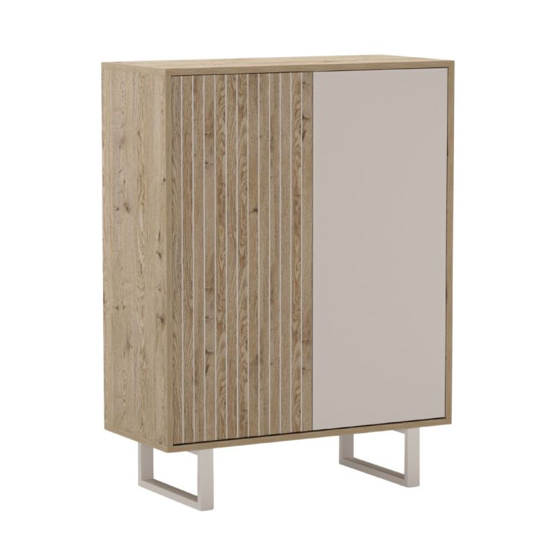 Meuble de rangement 2 portes en mélaminé imitation bois et beige piètement et poignées métal - MYRINE