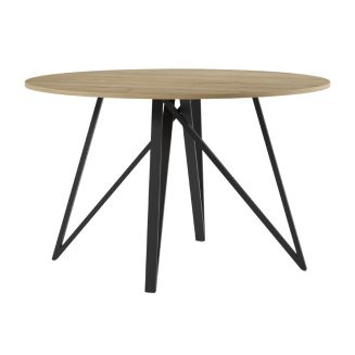 Table ronde Ø120cm plateau en mélaminé imitation chêne clair et pieds design en métal laqué noir - URIELLE