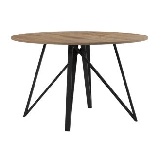 Table ronde Ø130cm plateau en mélaminé imitation chêne moyen et pieds design en métal laqué noir - URIELLE