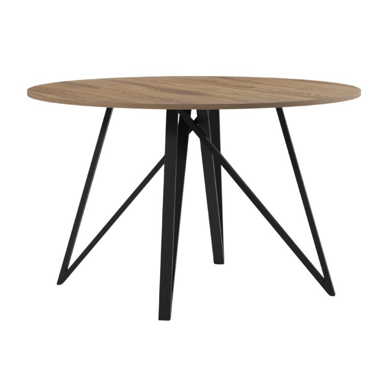 Table ronde Ø130cm plateau en mélaminé imitation chêne moyen et pieds design en métal laqué noir - URIELLE