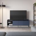 Meuble TV 3 portes 2 niches en mélaminé bleu et noir pieds métal noir - AELIA