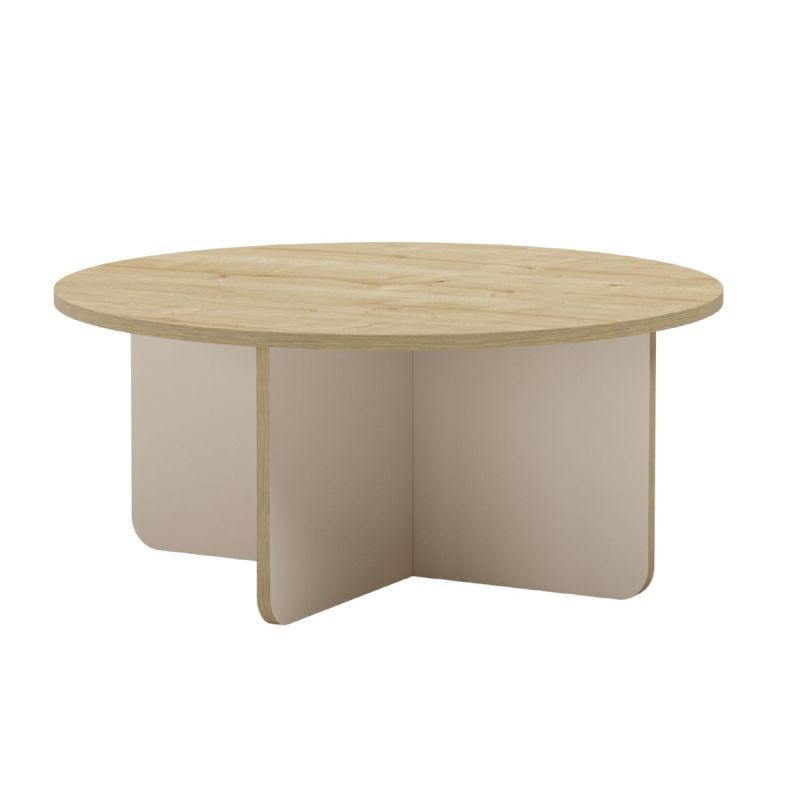 Table basse ronde Ø80cm en mélaminé plateau imitation bois et piètement beige - HESTIA