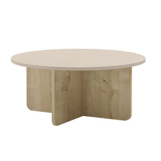 Table basse ronde Ø80cm en mélaminé plateau beige et piètement imitation bois - HESTIA
