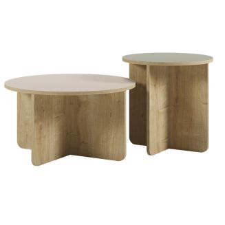 Ensemble tables basses 1 table Ø70 plateau beige et 1 table Ø50 plateau vert sauge piètement imitation bois - HESTIA