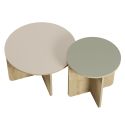 Ensemble tables basses 1 table Ø70 plateau beige et 1 table Ø50 plateau vert sauge piètement imitation bois - HESTIA