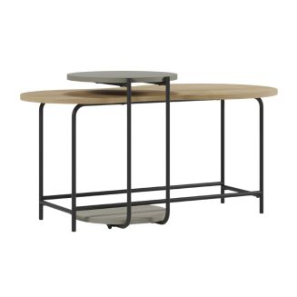 Tables basses gigogne 1 ovale plateau imitation bois et 1 ronde plateau vert sauge piètement métal noir - RHEA