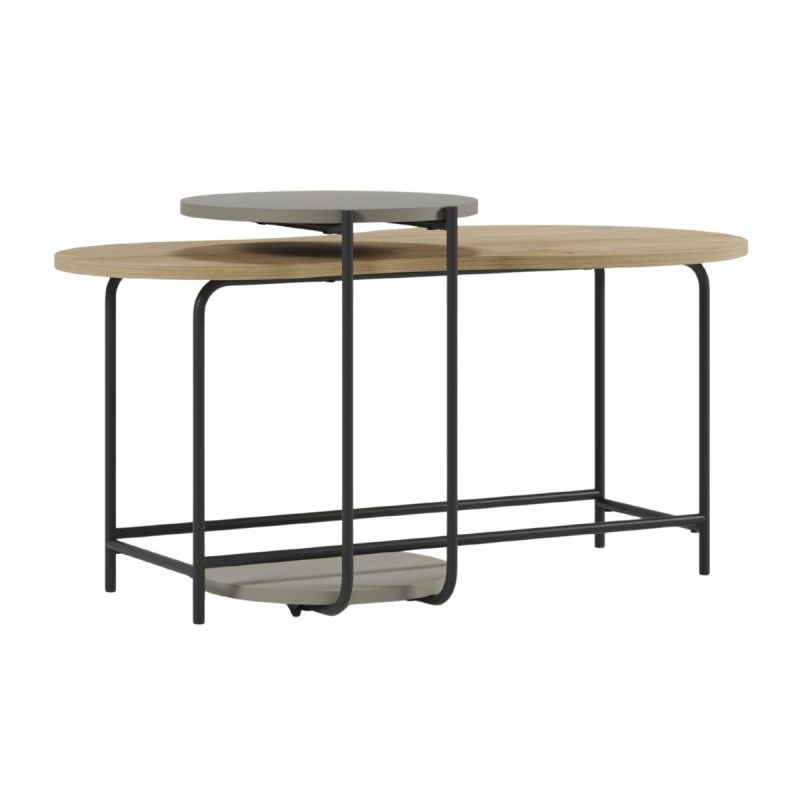 Tables basses gigogne 1 ovale plateau imitation bois et 1 ronde plateau vert sauge piètement métal noir - RHEA