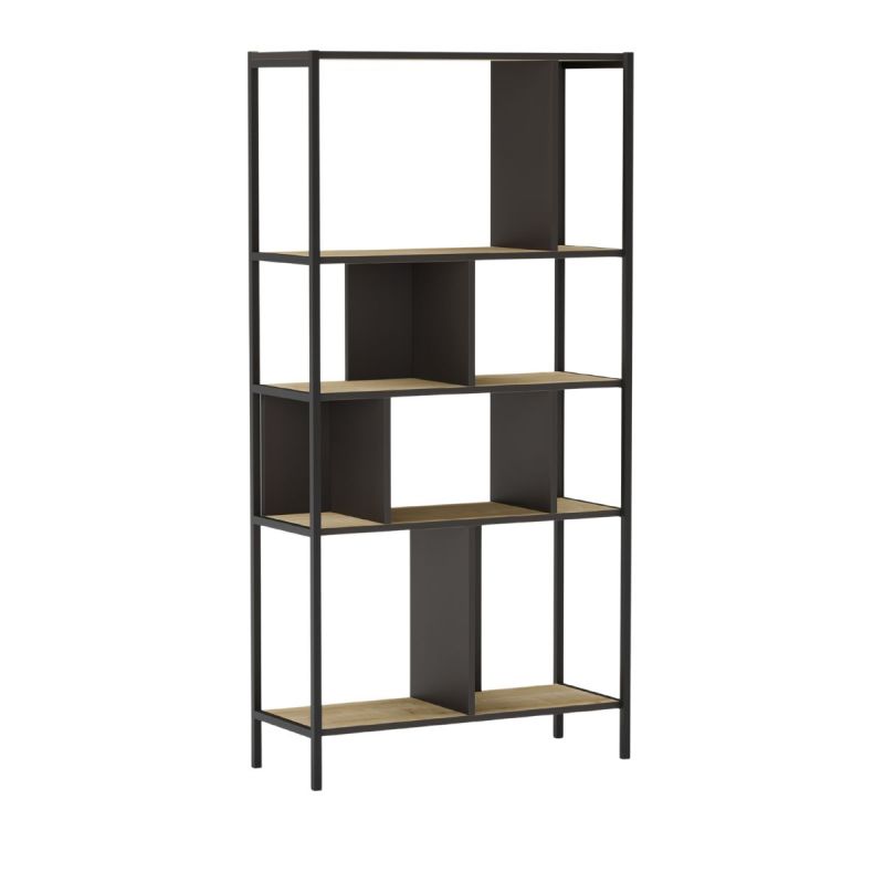 Etagère graphique 4 niveaux 88cm en mélaminé imitation bois et structure en métal laqué noir - ANTHEA