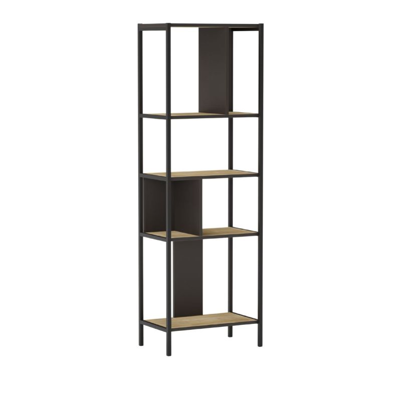 Etagère graphique 4 niveaux 58cm en mélaminé imitation bois et structure en métal laqué noir - ANTHEA