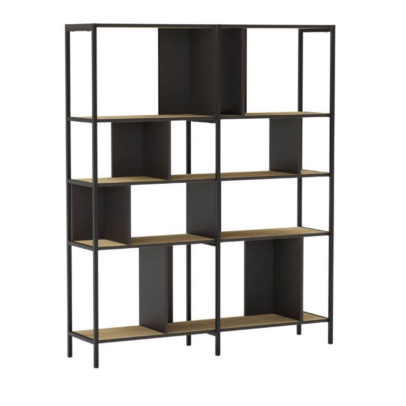 Etagère graphique 4 niveaux 144cm en mélaminé imitation bois et structure en métal laqué noir - ANTHEA