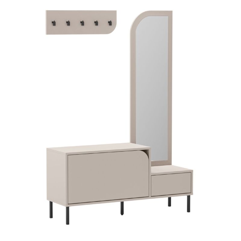 Vestiaire d'entrée avec rangement chaussures en mélaminé beige piètement et patère en métal noir - BELLAMY