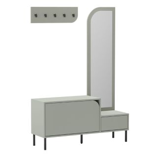 Vestiaire d'entrée avec rangement chaussures en mélaminé vert sauge piètement et patère en métal noir - BELLAMY