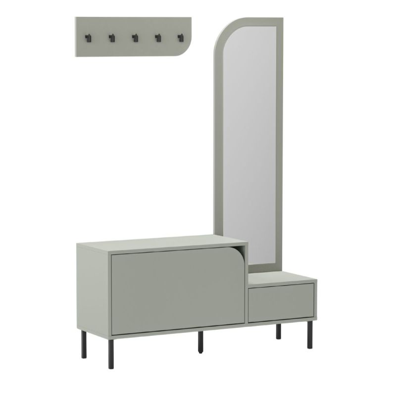 Vestiaire d'entrée avec rangement chaussures en mélaminé vert sauge piètement et patère en métal noir - BELLAMY