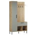 Vestiaire d'entrée avec rangements en mélaminé imitation bois et vert sauge piètement et patère en métal - HILDIA