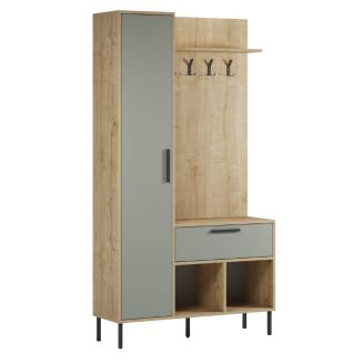 Vestiaire d'entrée avec rangements en mélaminé imitation bois et vert sauge piètement et patère en métal - HILDIA