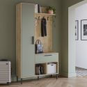 Vestiaire d'entrée avec rangements en mélaminé imitation bois et vert sauge piètement et patère en métal - HILDIA
