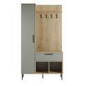 Vestiaire d'entrée avec rangements en mélaminé imitation bois et vert sauge piètement et patère en métal - HILDIA