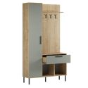 Vestiaire d'entrée avec rangements en mélaminé imitation bois et vert sauge piètement et patère en métal - HILDIA