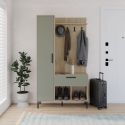 Vestiaire d'entrée avec rangements en mélaminé imitation bois et vert sauge piètement et patère en métal - HILDIA