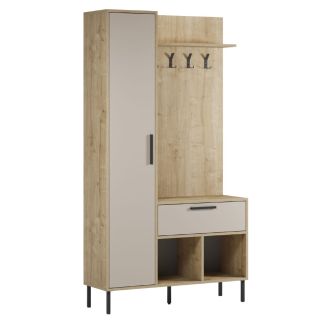 Vestiaire d'entrée avec rangements en mélaminé imitation bois et beige piètement et patère en métal - HILDIA
