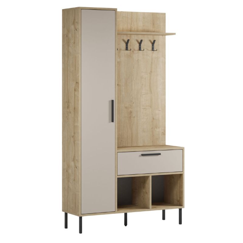 Vestiaire d'entrée avec rangements en mélaminé imitation bois et beige piètement et patère en métal - HILDIA
