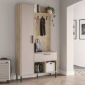 Vestiaire d'entrée avec rangements en mélaminé imitation bois et beige piètement et patère en métal - HILDIA
