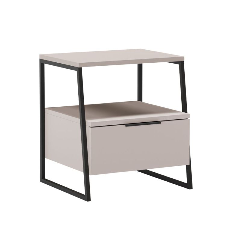 Chevet 2 niveaux avec 1 tiroir en mélaminé beige et structure en métal laqué noir - VELIANI