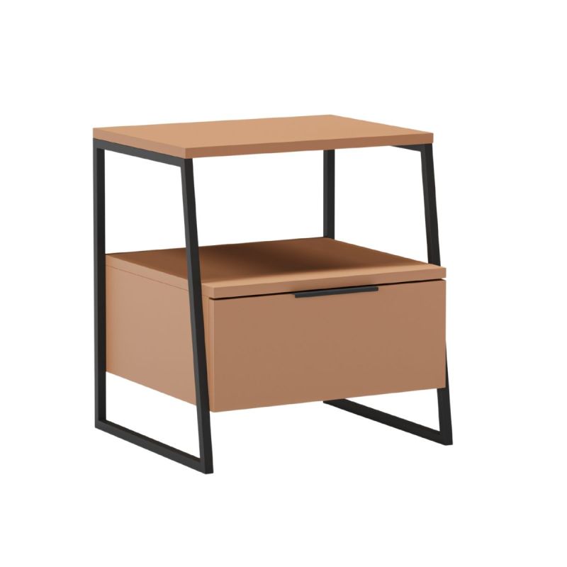 Chevet 2 niveaux avec 1 tiroir en mélaminé terracotta et structure en métal laqué noir - VELIANI