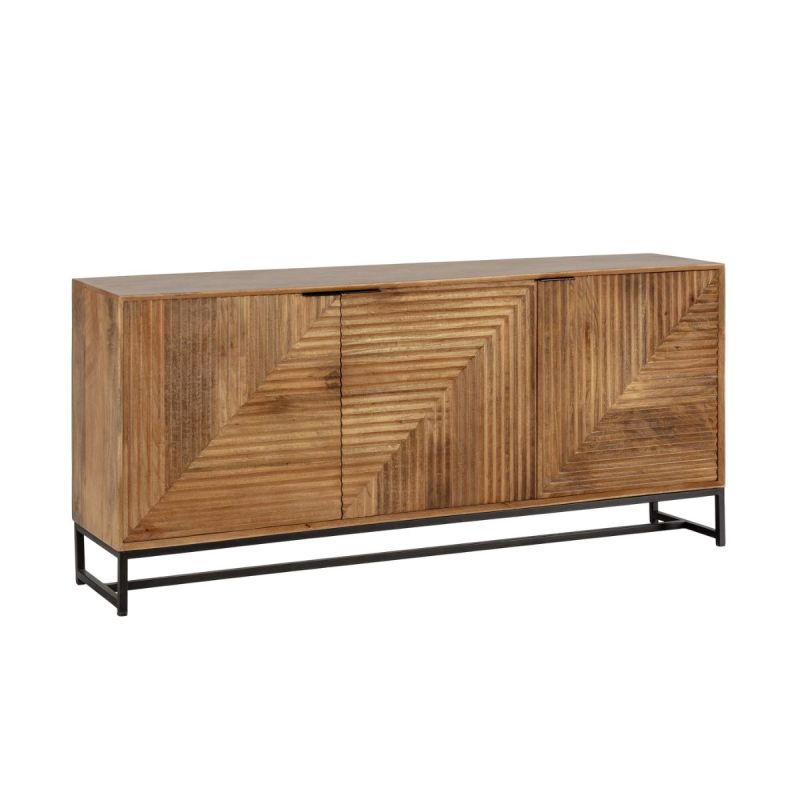 Buffet 3 portes en manguier massif relief graphique oblique piètement métal laqué noir - NERIA