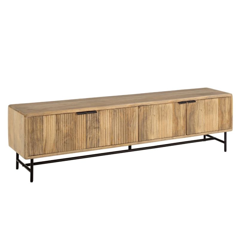 Meuble TV 4 portes en manguier massif relief graphique vertical piètement métal laqué noir - MELKA