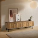 Meuble TV 4 portes en manguier massif relief graphique vertical piètement métal laqué noir - MELKA