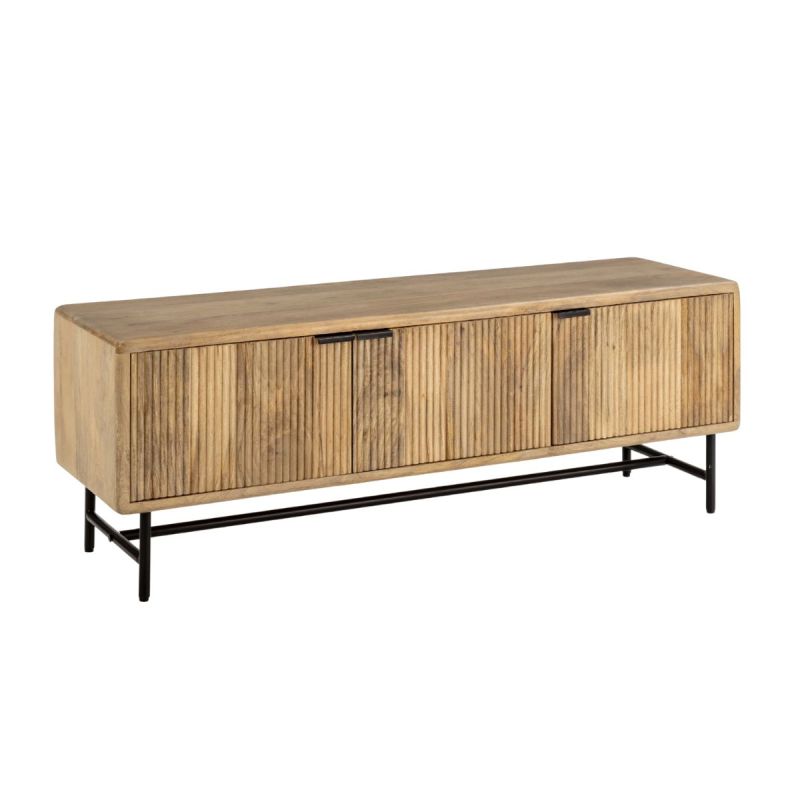 Meuble TV 3 portes en manguier massif relief graphique vertical piètement métal laqué noir - MELKA