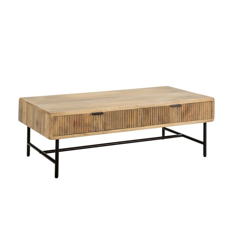 Table basse 2 tiroirs en manguier massif relief graphique vertical piètement métal laqué noir - MELKA