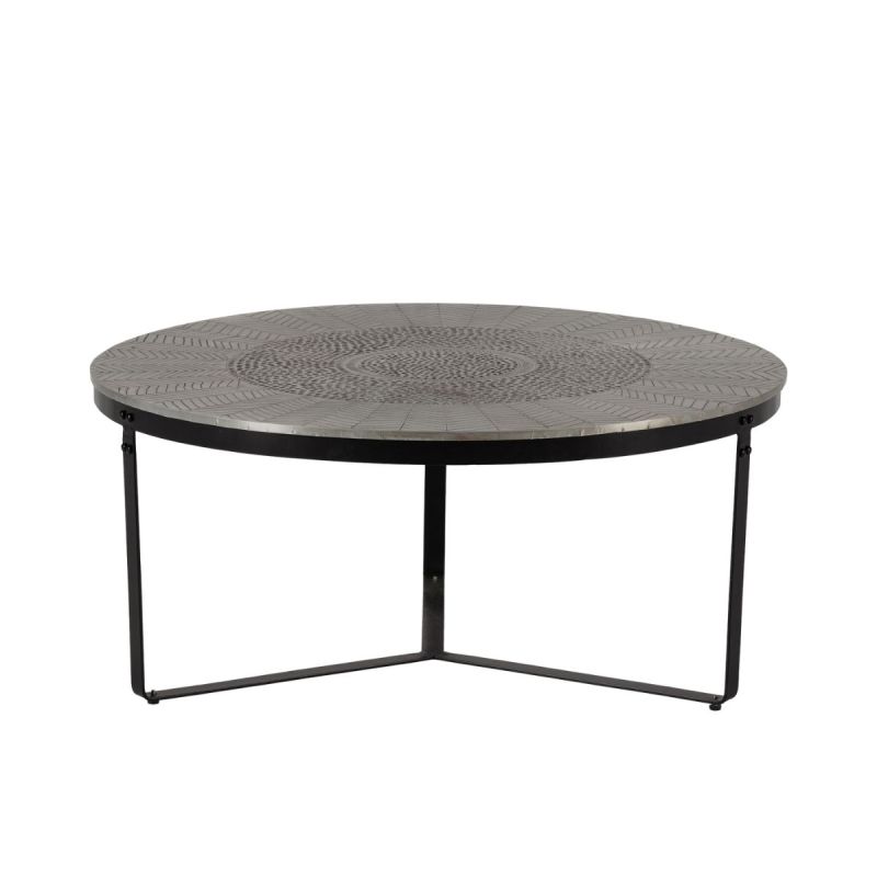 Table basse ronde Ø90cm en métal martelé et sculpté finition brossé pied laqué noir - SOHALIA